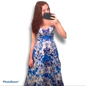 Formal Dress Rhinestone Floral Print - Royal/Ivory